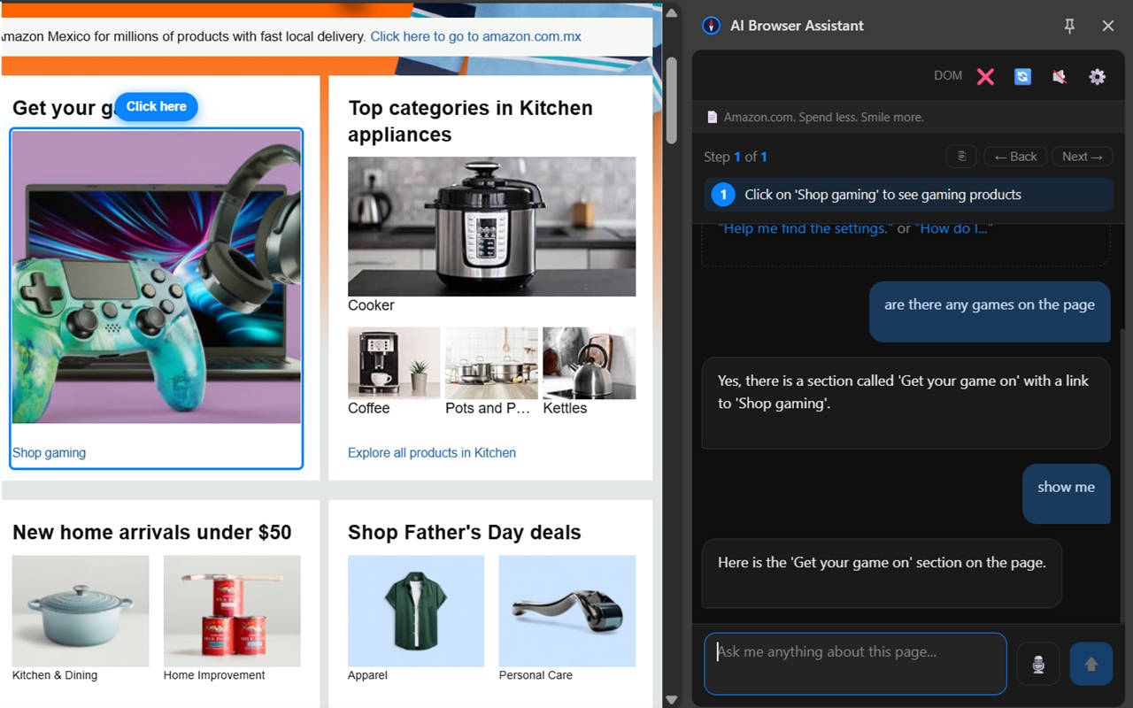 AI Browser Assistant finding products on Amazon