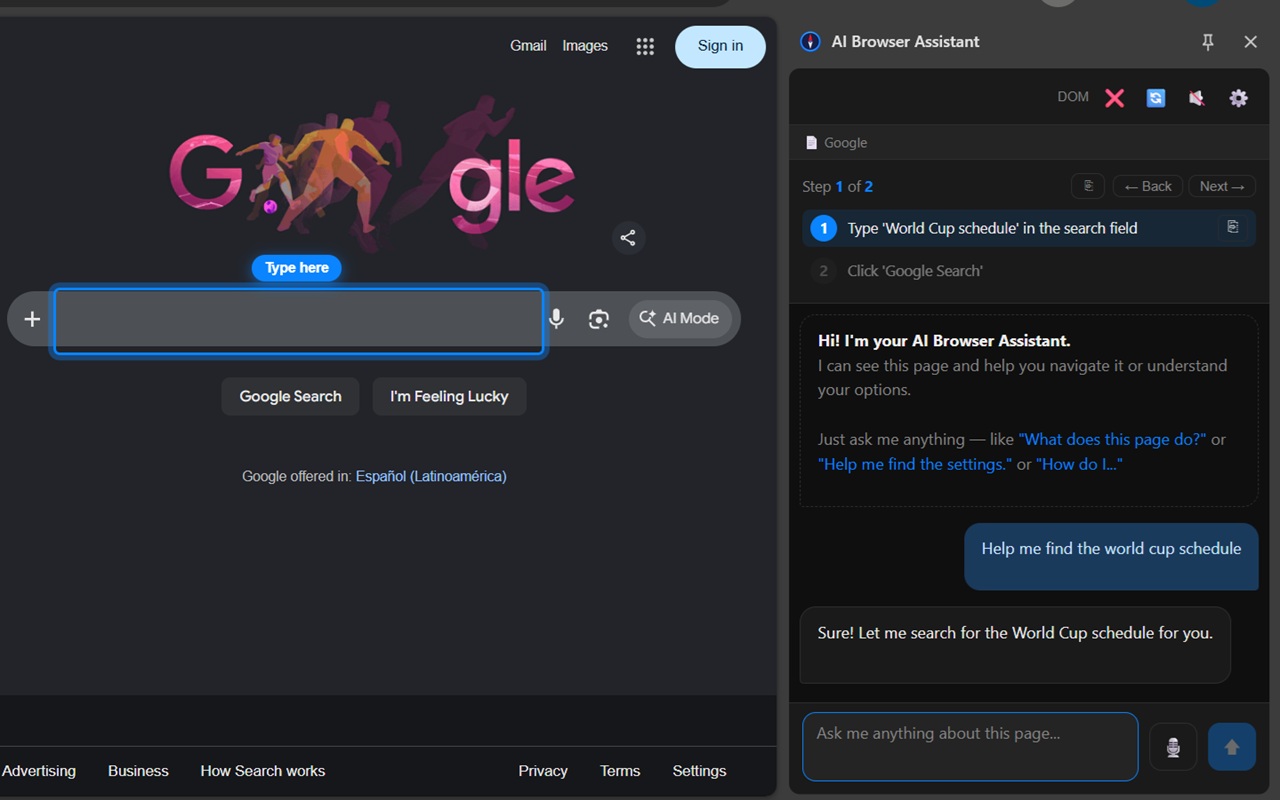 AI Browser Assistant guiding a Google search