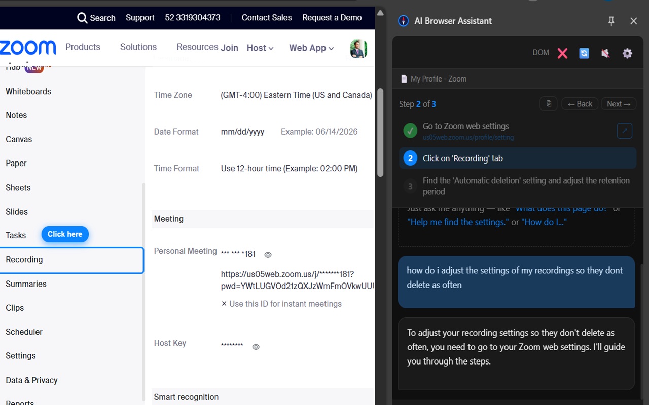 AI Browser Assistant navigating Zoom settings step by step